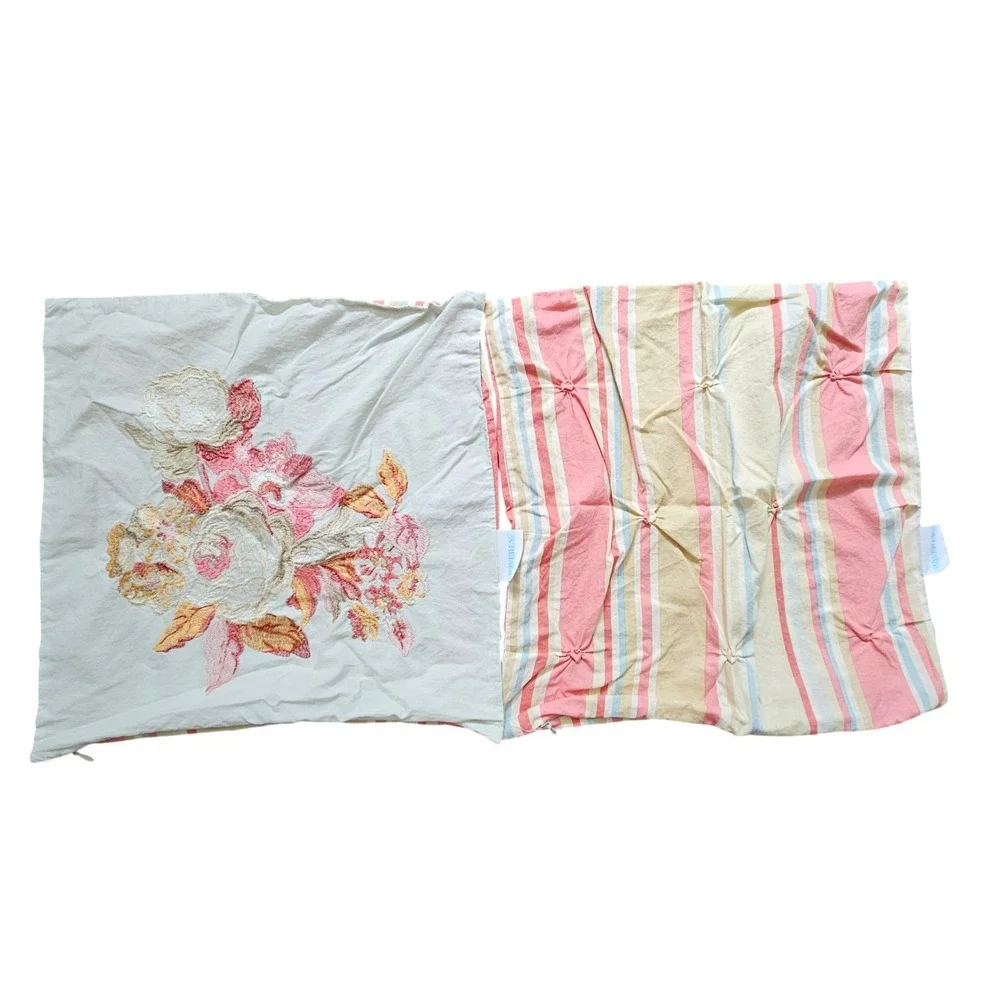 Waverly Floral Stripe Bedding Set Pink Green Cottagecore Embroidered Shams 5 pc